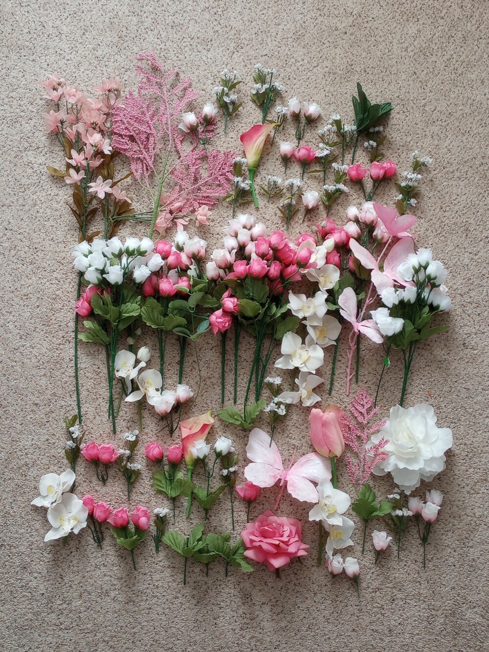 Huge Lot Of Artificial / Faux Flowers Florals Pink White Roses Butterflies